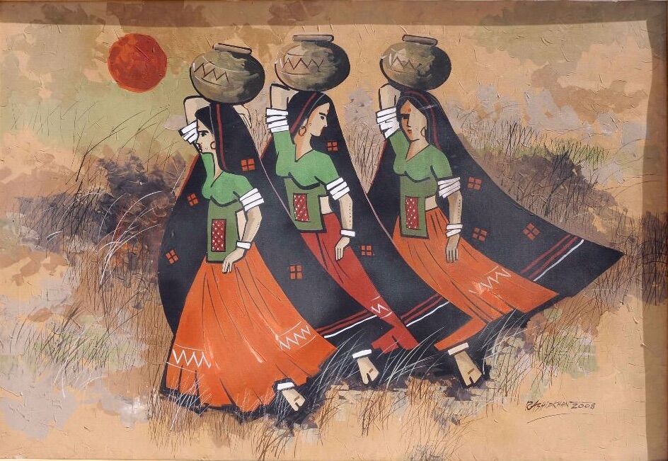 Canvas Village Painting - 3 LADY WITH POT - 1