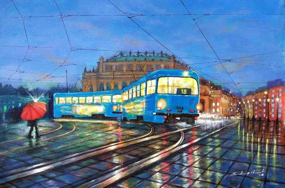 Blue Tram in city of Joy