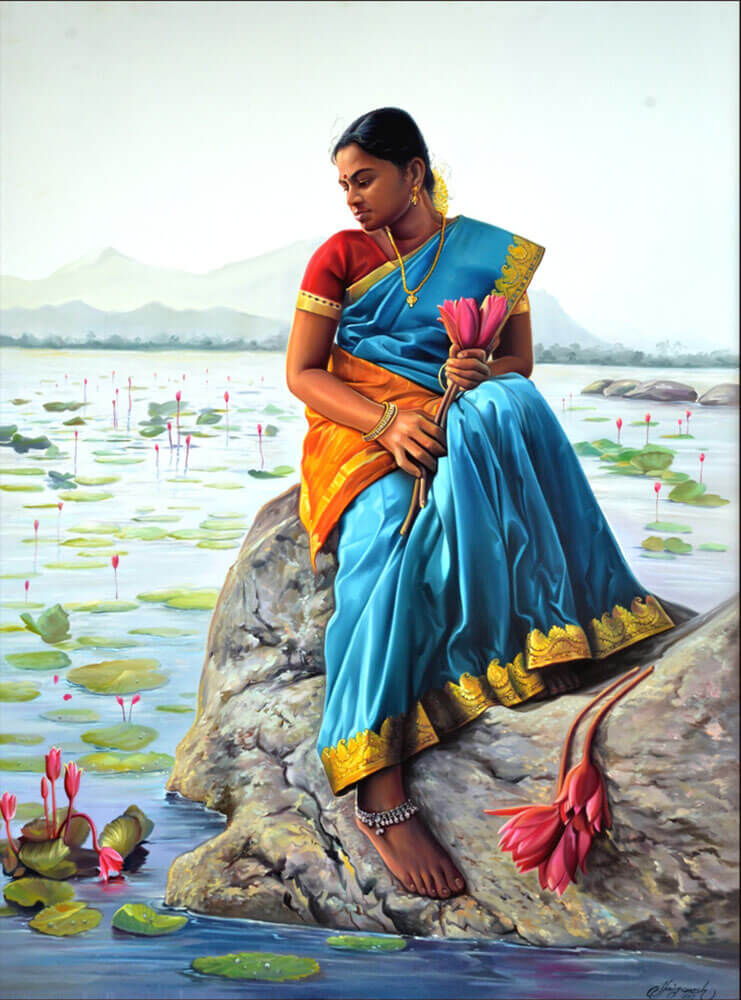 Indian Woman in Lotus Pond